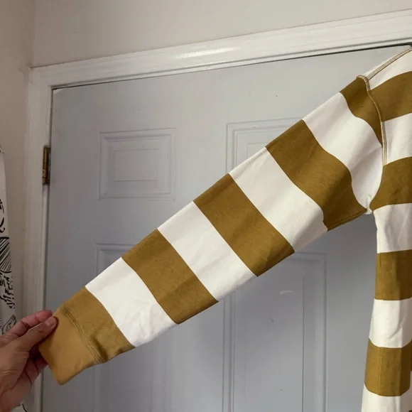 TAIKAN white mustard yellow striped cotton crew neck long sleeve pullover shirt